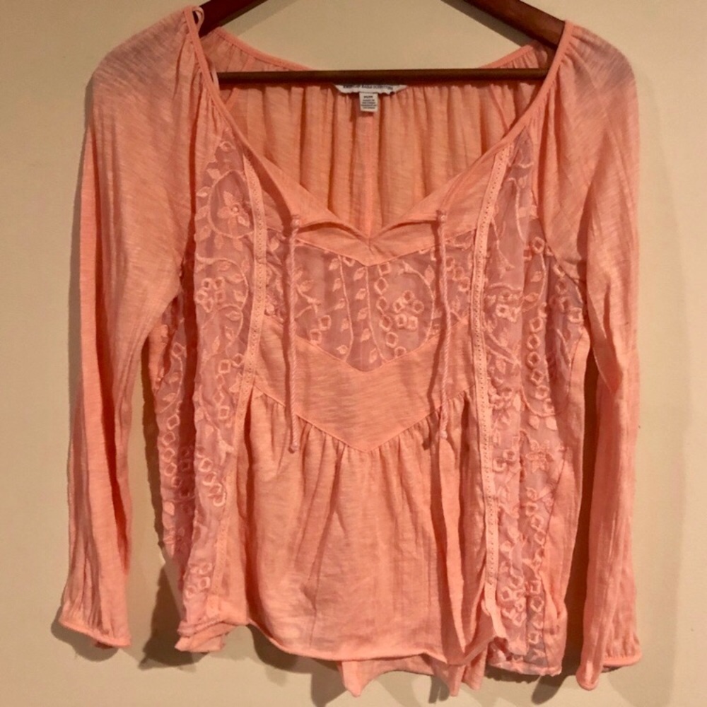 American Eagle Pink 3/4 Mesh Embroidered Blouse